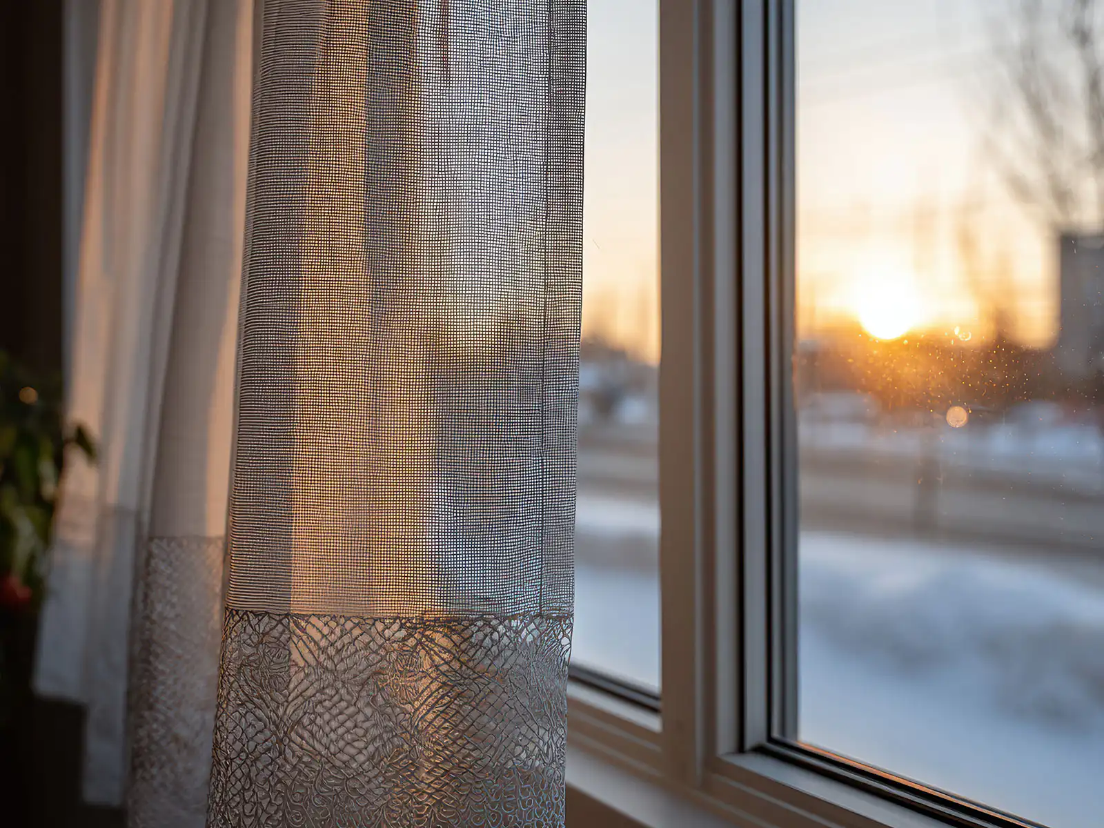 Heavy thermal curtains hanging floor to ceiling in cozy Alberta winter living room