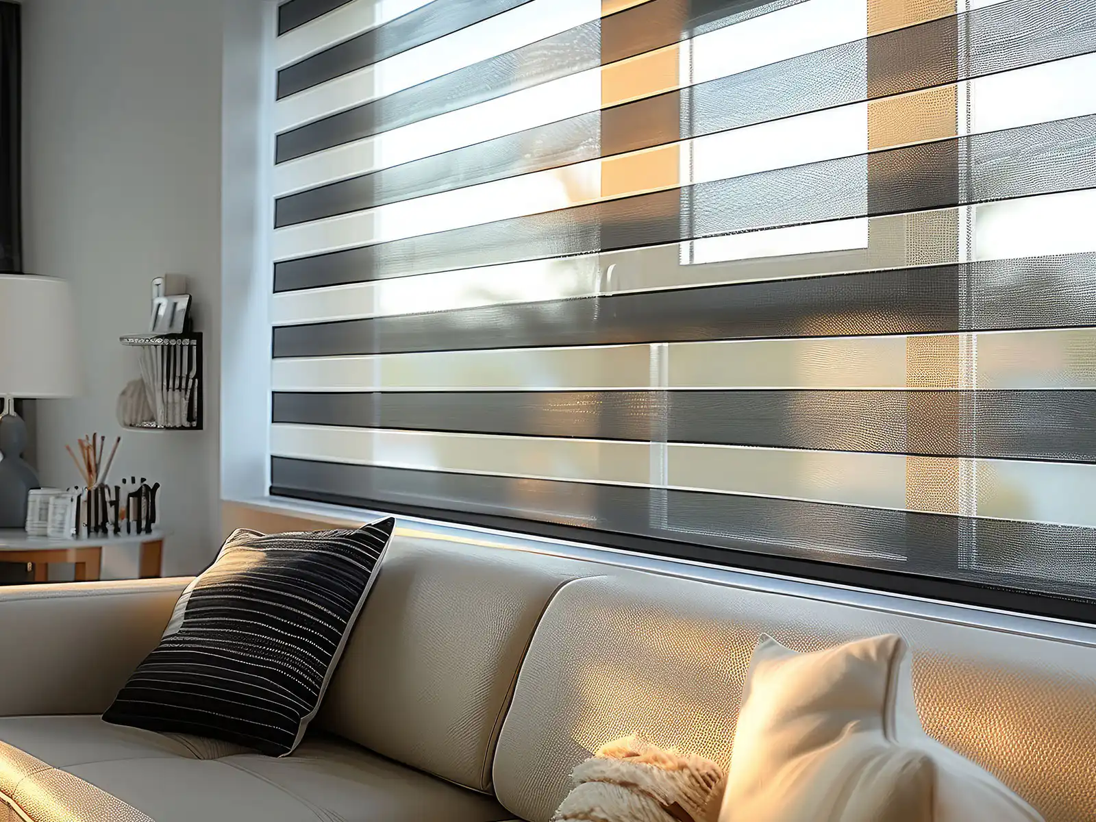 Zebra blinds filtering natural light in a modern Calgary home
