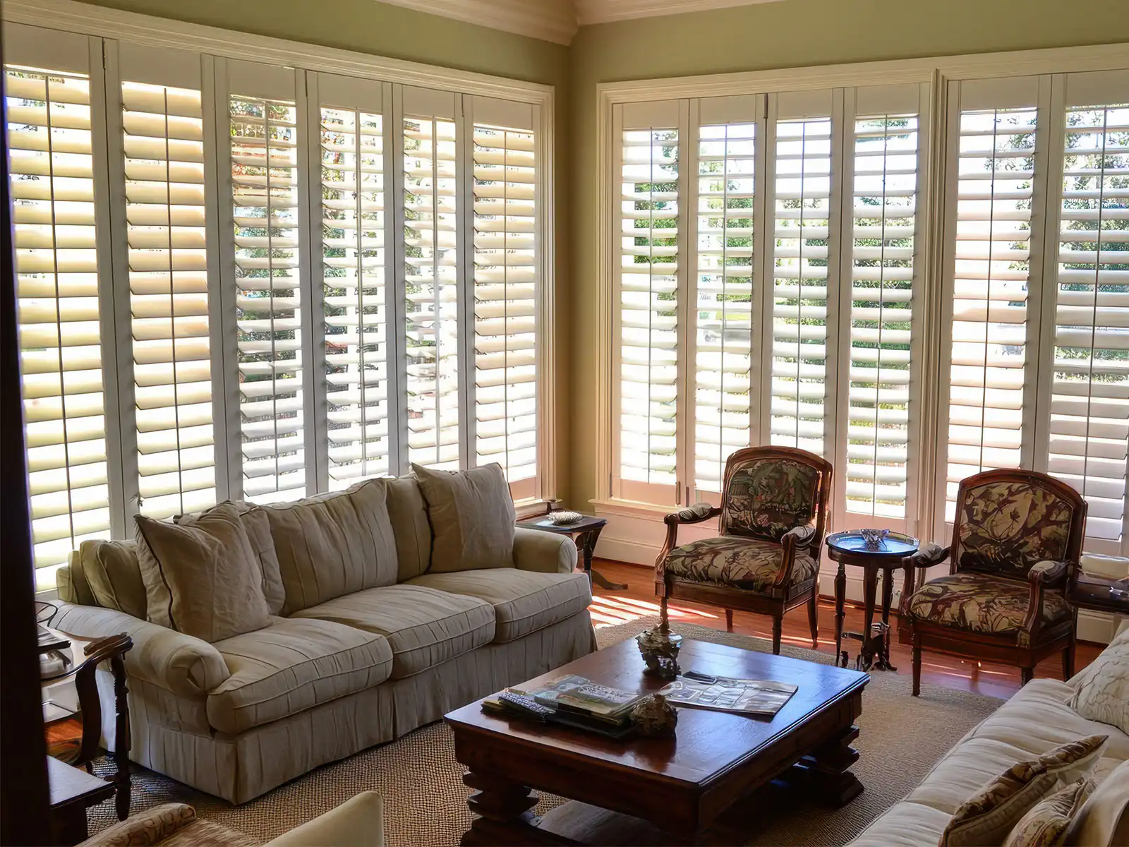 Plantation shutters professionally installed on a large living room window